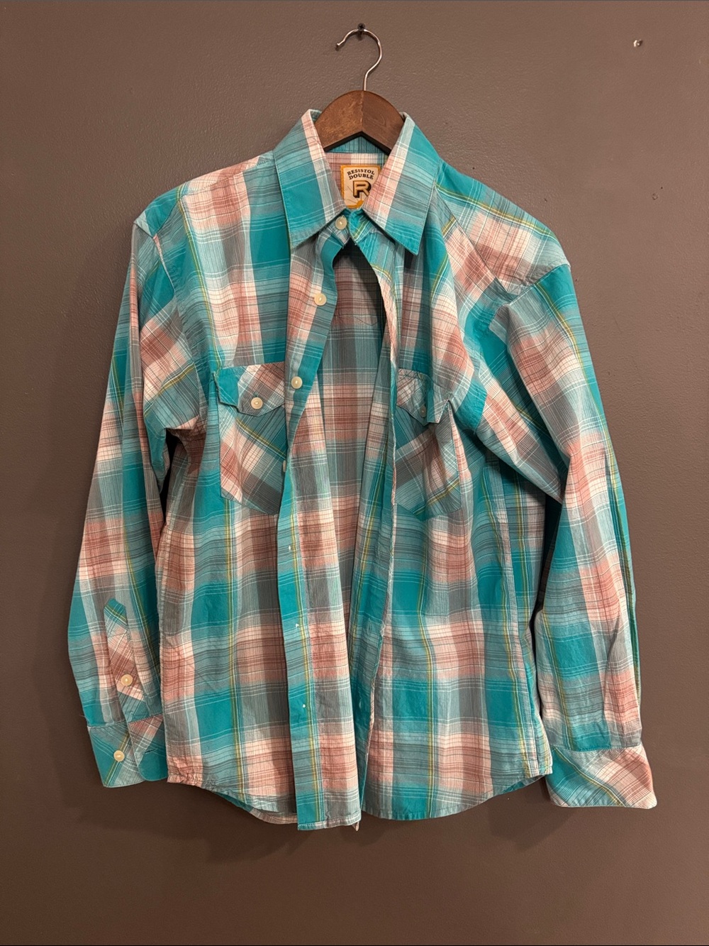 Men's Plaid Button-Down Shirt in Turquoise and Brown